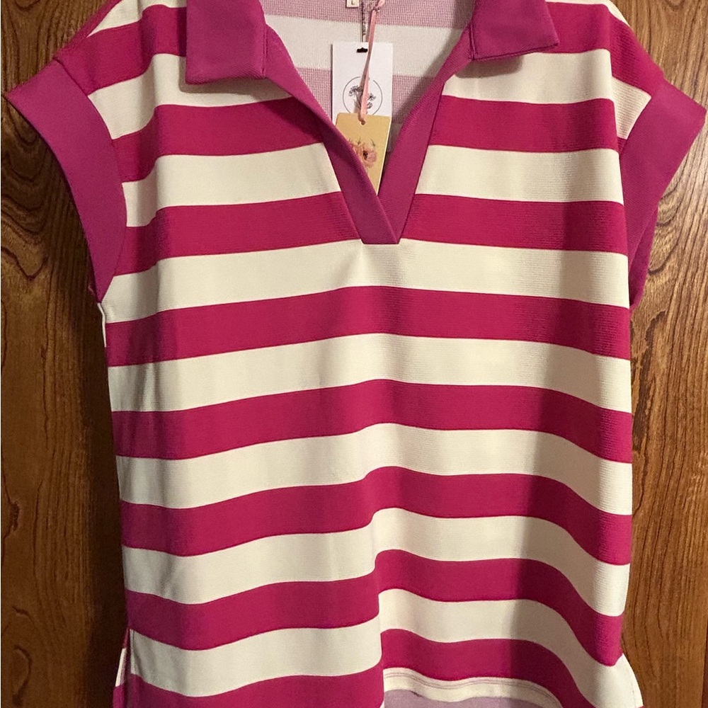 Entro Pink and Cream Striped Short Sleeve Top
